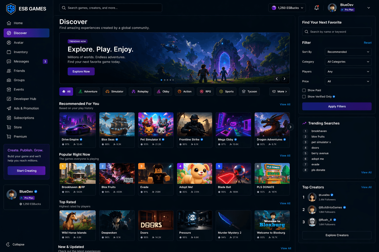 Preview of the ESB Games discover experience